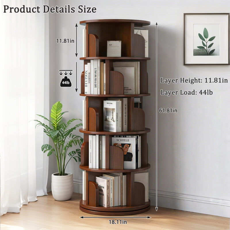 5 Tier Rotating Bookshelf, 360° Display Round Spinning Bookshelf, Space-Saving, Small Space Rotating Bookshelf Tower for Bedroom, Living Room, Home, Office, Wood Color - Image 4