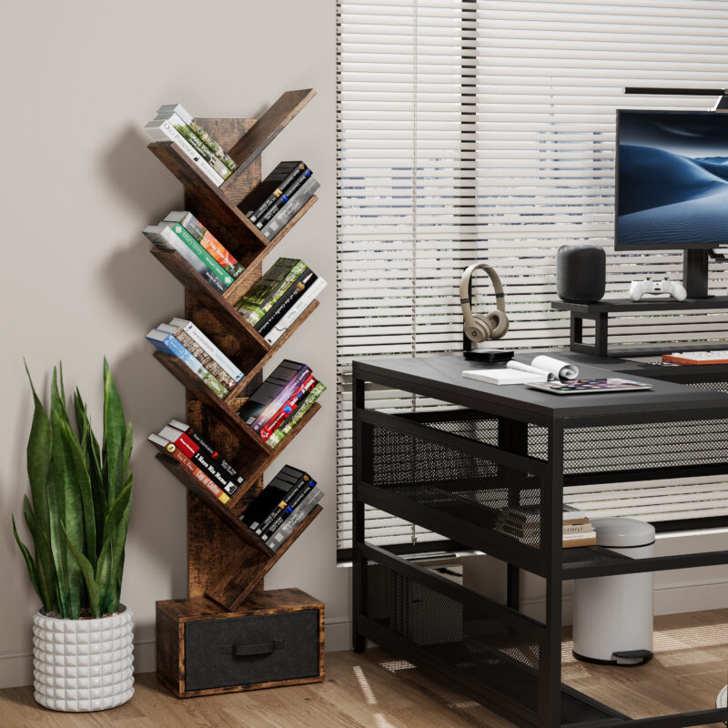 9 Tier Tree Bookshelf with Drawer Bookcase, Modern Book Storage, Free Standing Tree Bookcase, Utility Organizer Shelves for Home Office, Living Room, Bedroom, Rustic Brown - Image 2