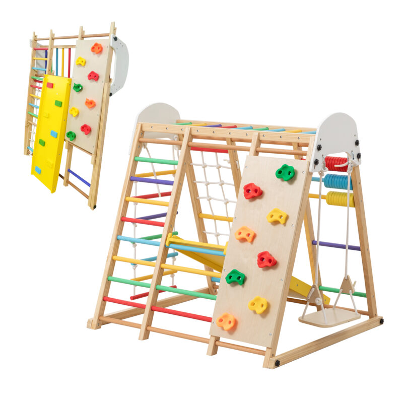 9-in-1 Foldable Kids Climbing Frame & Slide, Wooden Toddler Playground with Swing, Monkey Bars, Climbing Rock, Abacus Game – Indoor Outdoor Playset for Ages 3+, Natural Wood, 176LBS Capacity - Image 21