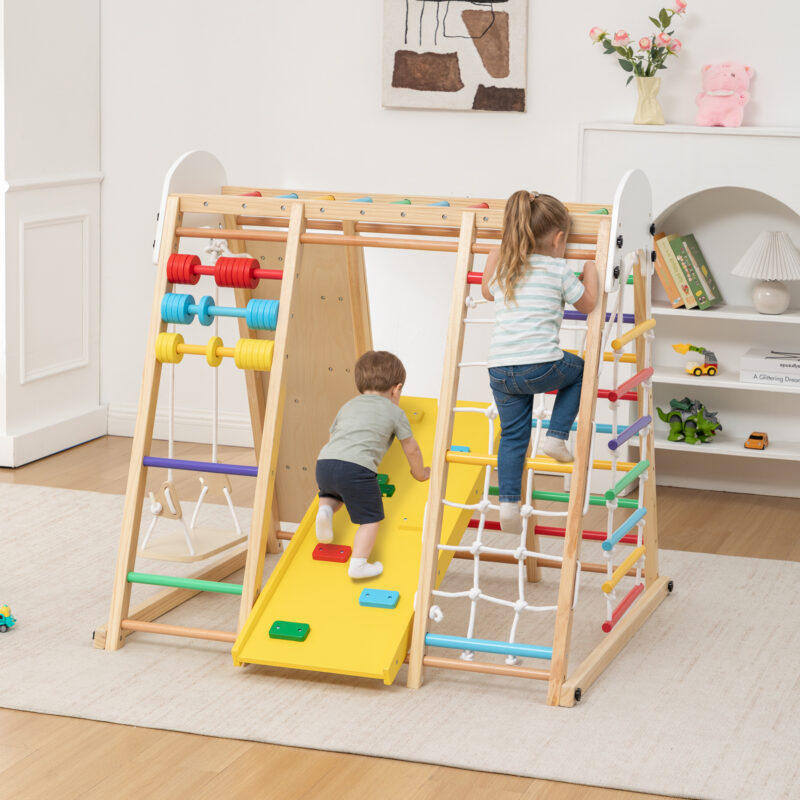 9-in-1 Foldable Kids Climbing Frame & Slide, Wooden Toddler Playground with Swing, Monkey Bars, Climbing Rock, Abacus Game – Indoor Outdoor Playset for Ages 3+, Natural Wood, 176LBS Capacity - Image 19