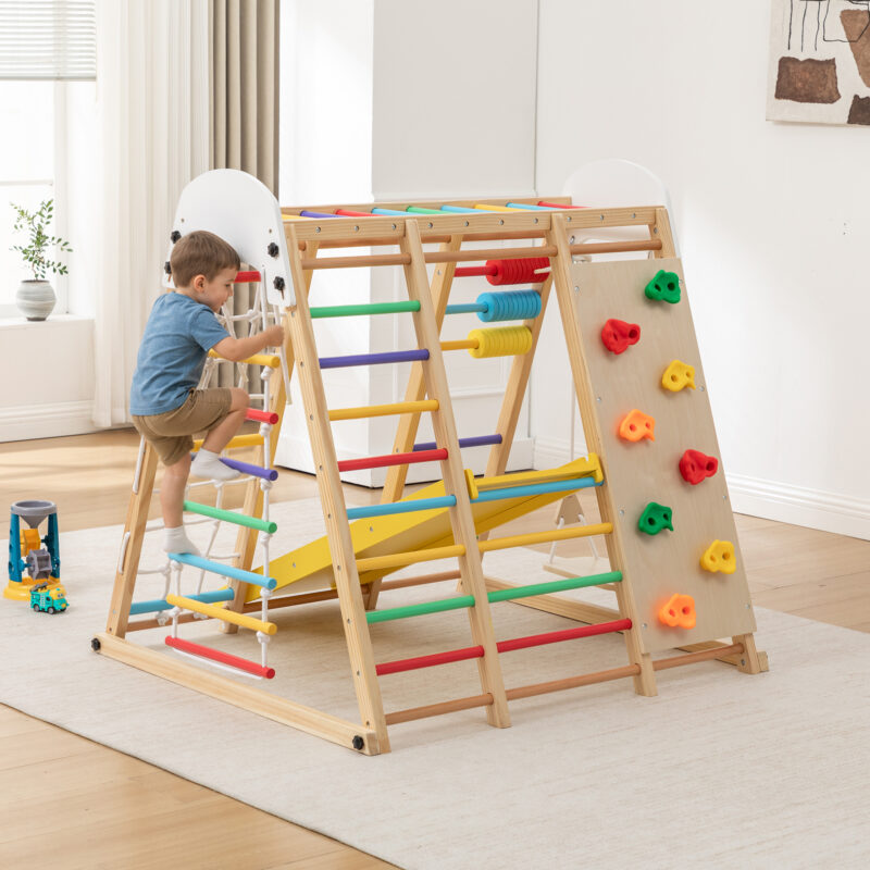 9-in-1 Foldable Kids Climbing Frame & Slide, Wooden Toddler Playground with Swing, Monkey Bars, Climbing Rock, Abacus Game – Indoor Outdoor Playset for Ages 3+, Natural Wood, 176LBS Capacity - Image 18