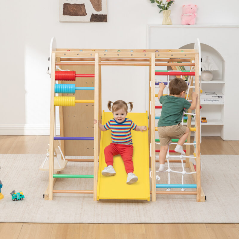 9-in-1 Foldable Kids Climbing Frame & Slide, Wooden Toddler Playground with Swing, Monkey Bars, Climbing Rock, Abacus Game – Indoor Outdoor Playset for Ages 3+, Natural Wood, 176LBS Capacity - Image 17