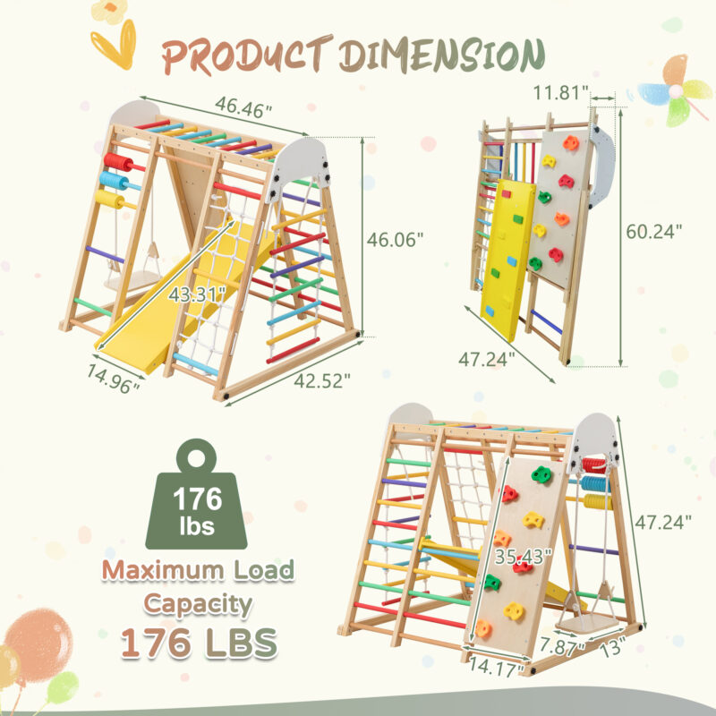 9-in-1 Foldable Kids Climbing Frame & Slide, Wooden Toddler Playground with Swing, Monkey Bars, Climbing Rock, Abacus Game – Indoor Outdoor Playset for Ages 3+, Natural Wood, 176LBS Capacity - Image 4