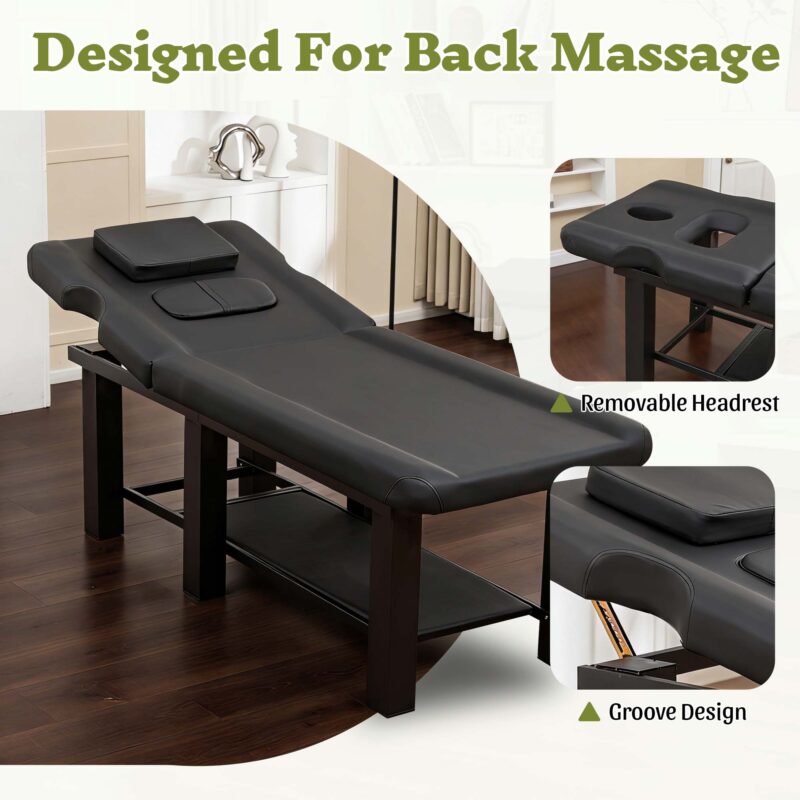 Spa Salon Massage Table with Bottom Storage, Adjustable Backrest (0-15°) & Detachable Headrest, High-Resiliency Waterproof Cushion, Heavy-Duty Steel Frame with Corner Protectors, 330 lbs Capacity – Bl - Image 2