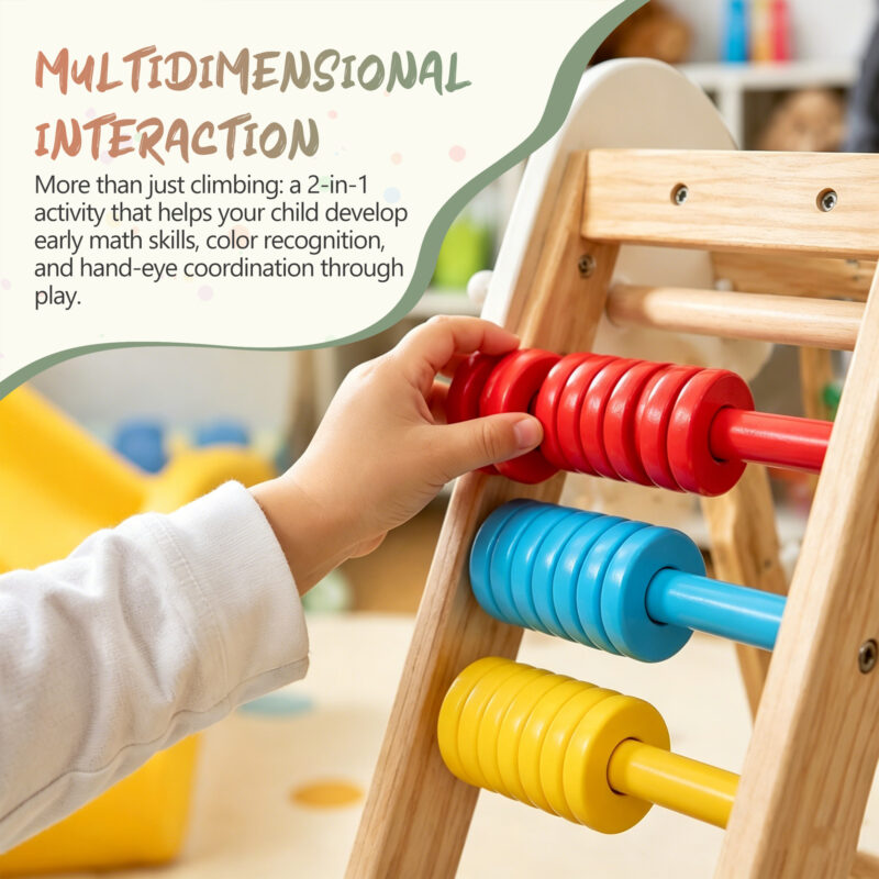 9-in-1 Foldable Kids Climbing Frame & Slide, Wooden Toddler Playground with Swing, Monkey Bars, Climbing Rock, Abacus Game – Indoor Outdoor Playset for Ages 3+, Natural Wood, 176LBS Capacity - Image 7