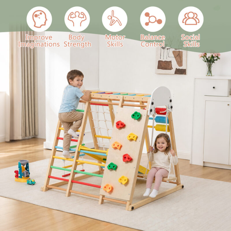 9-in-1 Foldable Kids Climbing Frame & Slide, Wooden Toddler Playground with Swing, Monkey Bars, Climbing Rock, Abacus Game – Indoor Outdoor Playset for Ages 3+, Natural Wood, 176LBS Capacity - Image 6