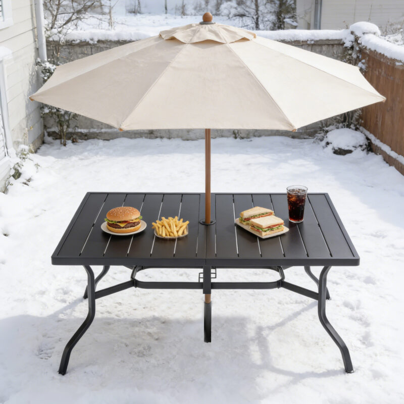 Outdoor Dining Table for 6, Powder-Coated Steel Slat Top with 2.16" Umbrella Hole, Anti-Slip Pads, E-Coating Frame, All-Weather Black Patio Table for Garden, Poolside, Backyard - Image 4