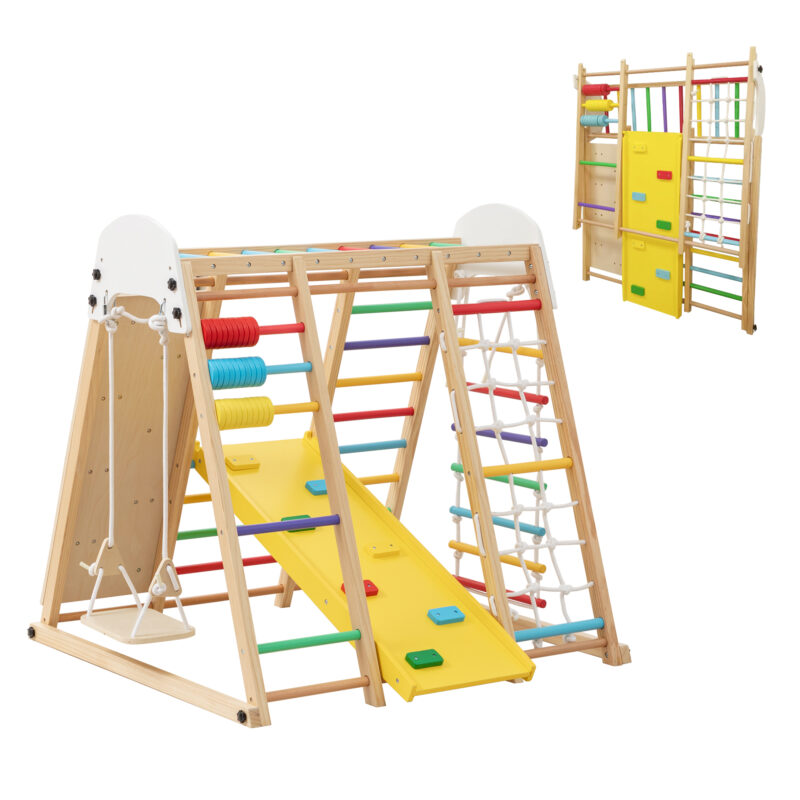 9-in-1 Foldable Kids Climbing Frame & Slide, Wooden Toddler Playground with Swing, Monkey Bars, Climbing Rock, Abacus Game – Indoor Outdoor Playset for Ages 3+, Natural Wood, 176LBS Capacity - Image 16