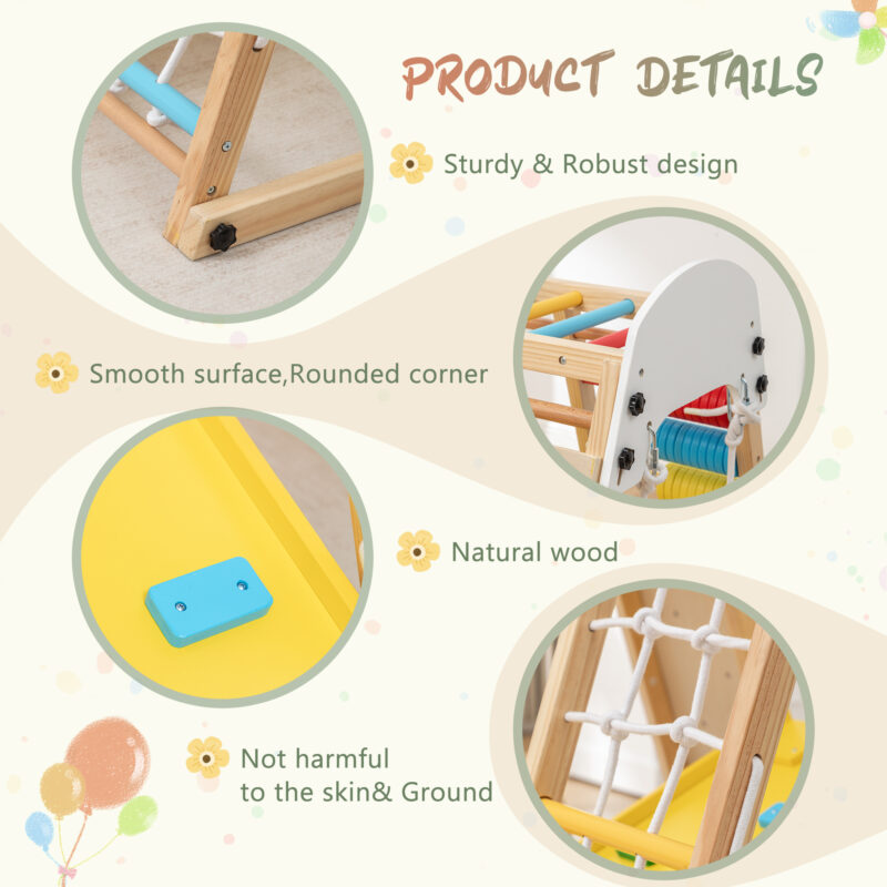 9-in-1 Foldable Kids Climbing Frame & Slide, Wooden Toddler Playground with Swing, Monkey Bars, Climbing Rock, Abacus Game – Indoor Outdoor Playset for Ages 3+, Natural Wood, 176LBS Capacity - Image 5