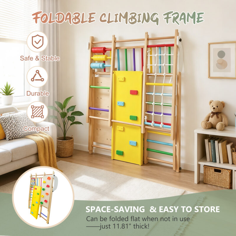 9-in-1 Foldable Kids Climbing Frame & Slide, Wooden Toddler Playground with Swing, Monkey Bars, Climbing Rock, Abacus Game – Indoor Outdoor Playset for Ages 3+, Natural Wood, 176LBS Capacity - Image 2