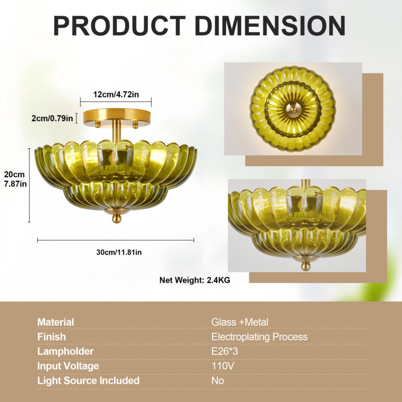 11.8 inch Kitchen Ceiling Light, 3-Light Semi Flush Mount Ceiling Lamp with Flower Glass, Vintage Close to Ceiling Light Fixtures for Bathroom Bedroom Hallway Entryway, Green - Image 7
