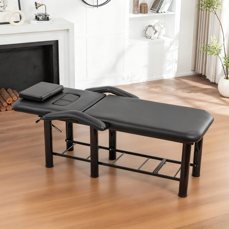 Professional Black Beauty Bed with Removable Headrest & Breast Cushions, Armrests and Storage Shelf for Massage, Facial, Tattoo & Spa - Image 18