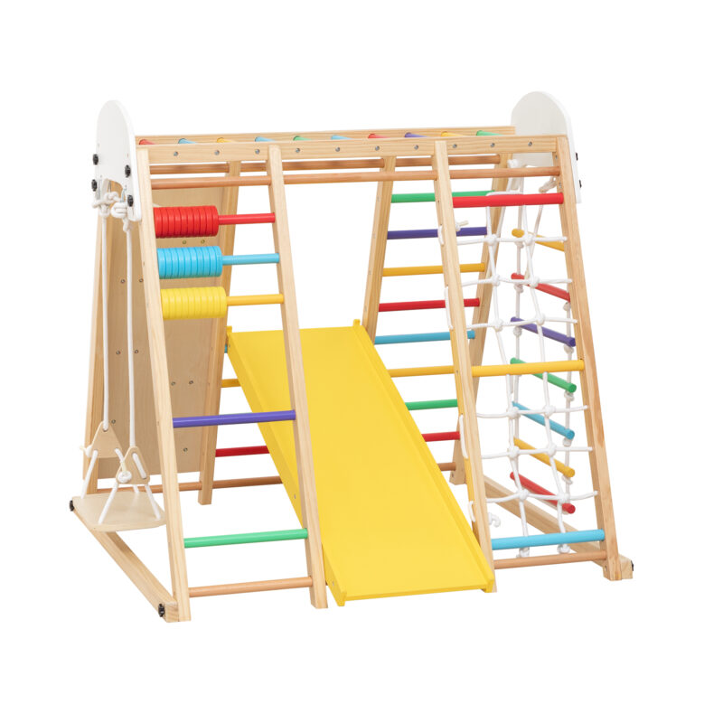 9-in-1 Foldable Kids Climbing Frame & Slide, Wooden Toddler Playground with Swing, Monkey Bars, Climbing Rock, Abacus Game – Indoor Outdoor Playset for Ages 3+, Natural Wood, 176LBS Capacity - Image 20