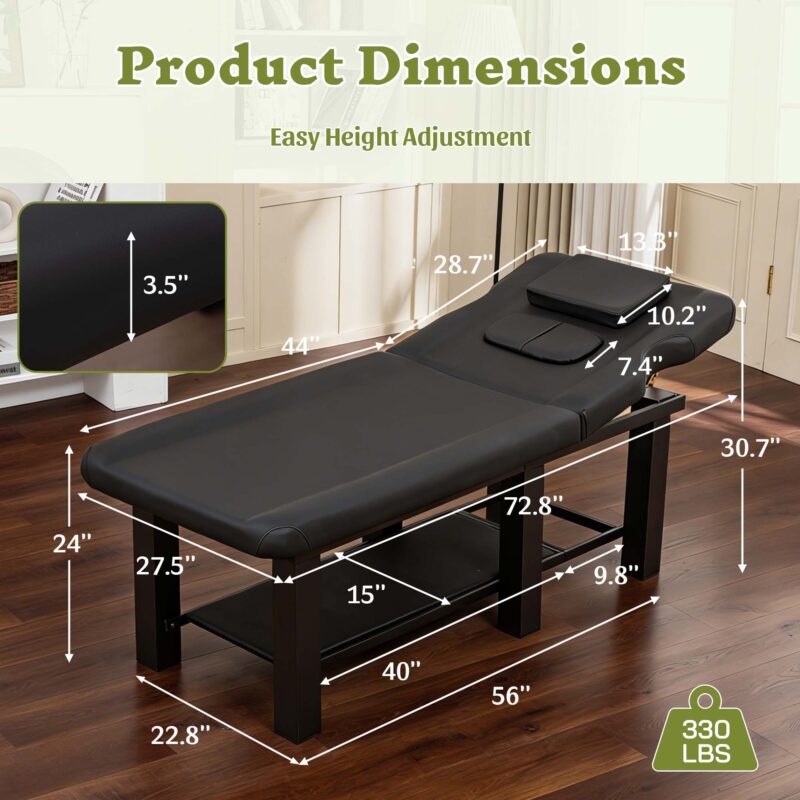 Spa Salon Massage Table with Bottom Storage, Adjustable Backrest (0-15°) & Detachable Headrest, High-Resiliency Waterproof Cushion, Heavy-Duty Steel Frame with Corner Protectors, 330 lbs Capacity – Bl - Image 8