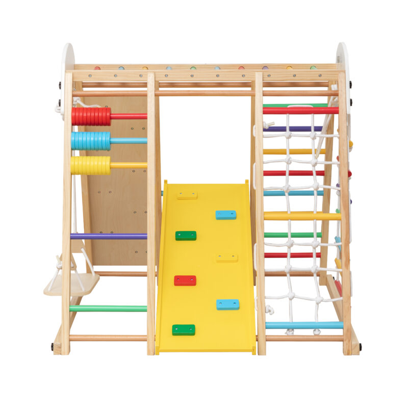 9-in-1 Foldable Kids Climbing Frame & Slide, Wooden Toddler Playground with Swing, Monkey Bars, Climbing Rock, Abacus Game – Indoor Outdoor Playset for Ages 3+, Natural Wood, 176LBS Capacity - Image 14