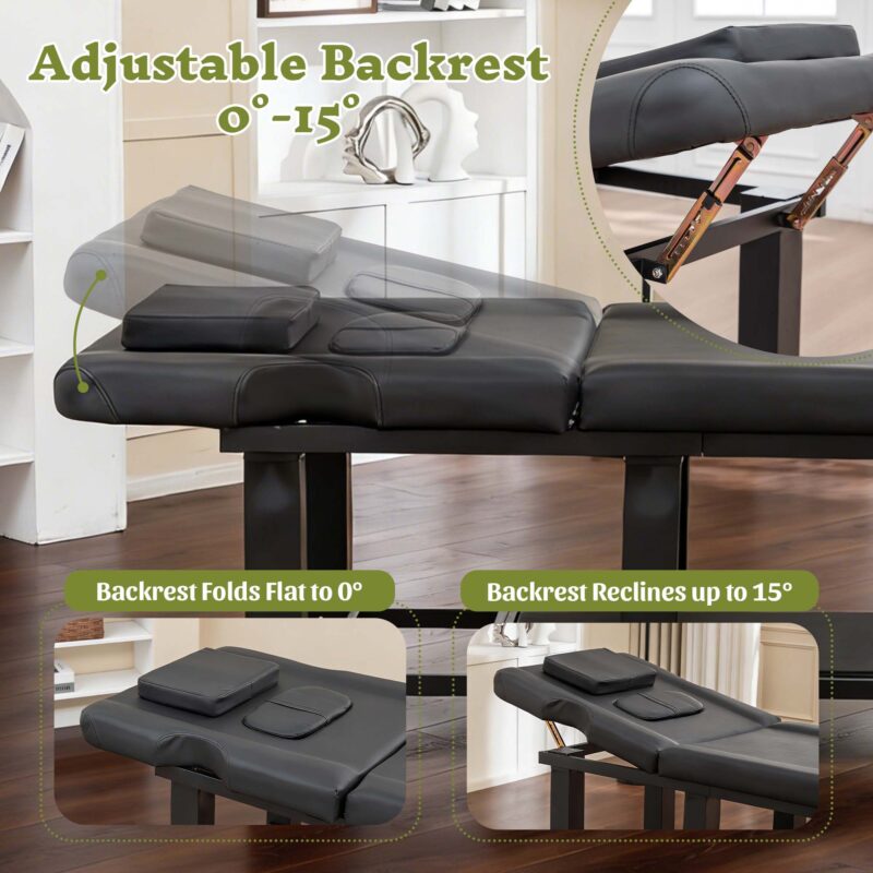 Spa Salon Massage Table with Bottom Storage, Adjustable Backrest (0-15°) & Detachable Headrest, High-Resiliency Waterproof Cushion, Heavy-Duty Steel Frame with Corner Protectors, 330 lbs Capacity – Bl - Image 6