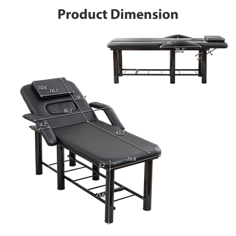 Professional Black Beauty Bed with Removable Headrest & Breast Cushions, Armrests and Storage Shelf for Massage, Facial, Tattoo & Spa - Image 15