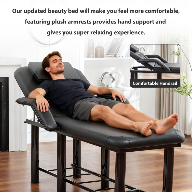 Professional Black Beauty Bed with Removable Headrest & Breast Cushions, Armrests and Storage Shelf for Massage, Facial, Tattoo & Spa - Image 14