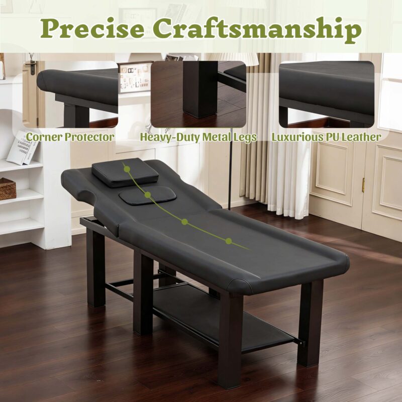 Spa Salon Massage Table with Bottom Storage, Adjustable Backrest (0-15°) & Detachable Headrest, High-Resiliency Waterproof Cushion, Heavy-Duty Steel Frame with Corner Protectors, 330 lbs Capacity – Bl - Image 9