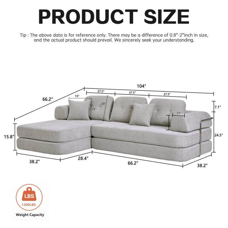 104" Boneless sofa,Sectional Compressed Couch with Chaise, Deep Seat Modular Sectional Sofa Chenille Memory Foam Sofa Boneless Couches for Living Room Bedroom, No Assembly Required - Image 5