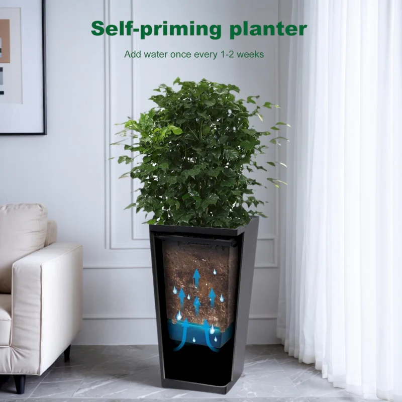 22"Tall Planter Set of 2, Outdoor＆Indoor Black Planter Pots, High Front Porch Planter Pots with Drainage Holes＆Water Level Monitor＆Inner Bucket, Automatic Watering, Black - Image 5