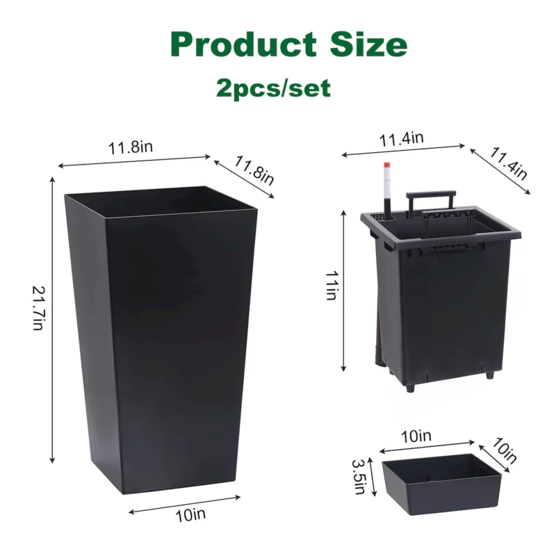 22"Tall Planter Set of 2, Outdoor＆Indoor Black Planter Pots, High Front Porch Planter Pots with Drainage Holes＆Water Level Monitor＆Inner Bucket, Automatic Watering, Black - Image 7