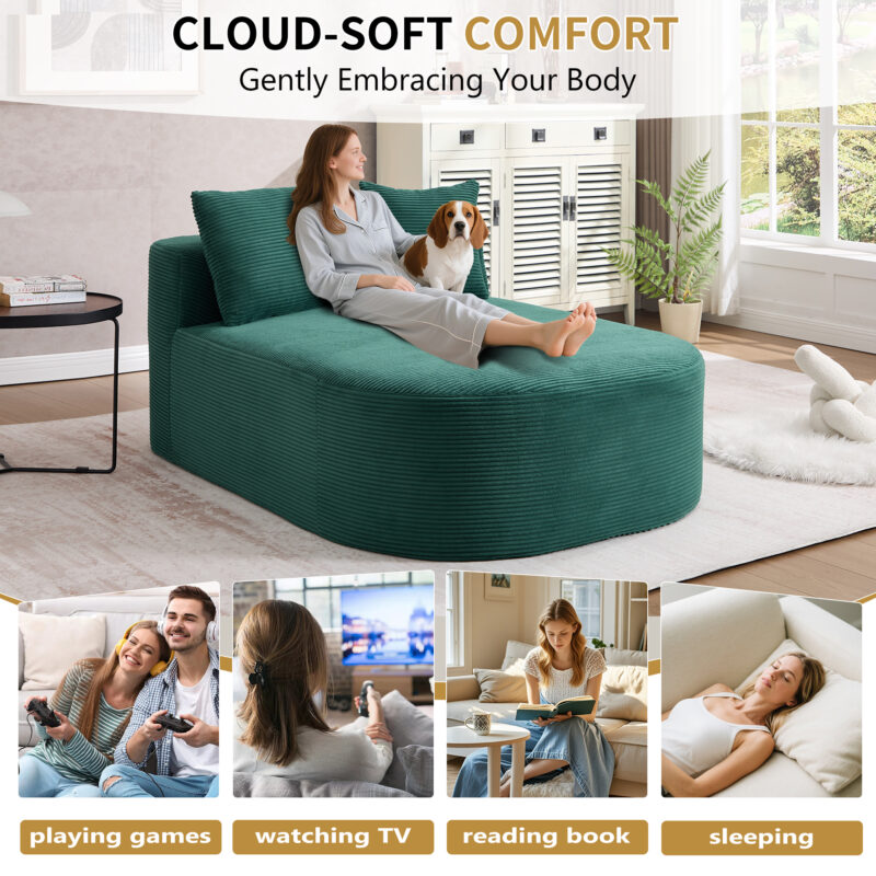 67.5''Chaise Lounge Chair 46'' Wide Seat Indoor Corduroy Oversized Sleeper Sofa for Living Room Deep Seat Lounge and Two Soft Pillows Convertible Boneless Sofa Bed, Green,No Assembly Required - Image 29