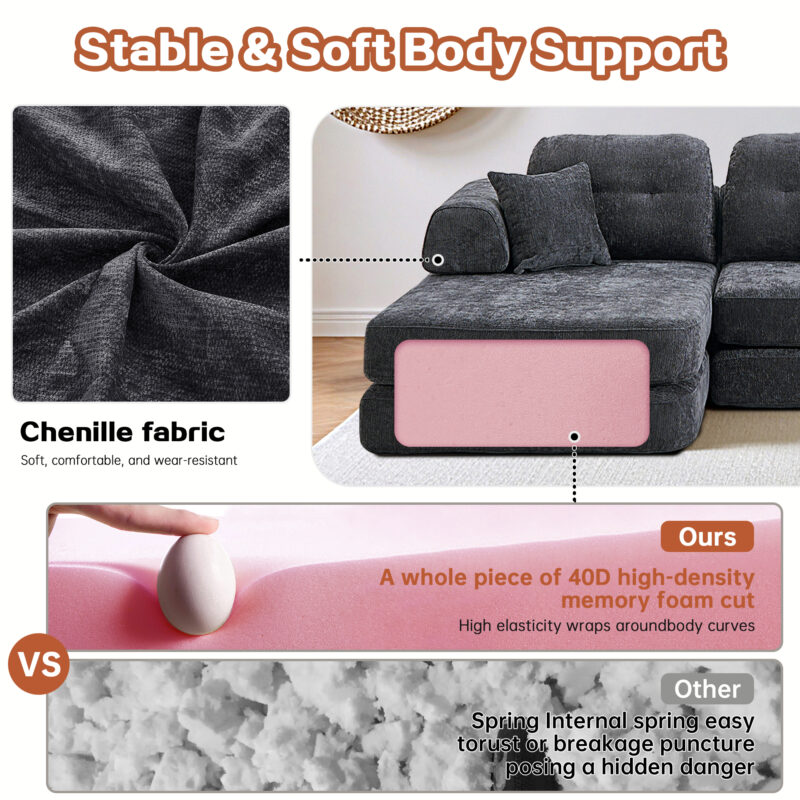 104" Boneless sofa,Sectional Compressed Couch with Chaise, Deep Seat Modular Sectional Sofa Chenille Memory Foam Sofa Boneless Couches for Living Room Bedroom, No Assembly Required - Image 15