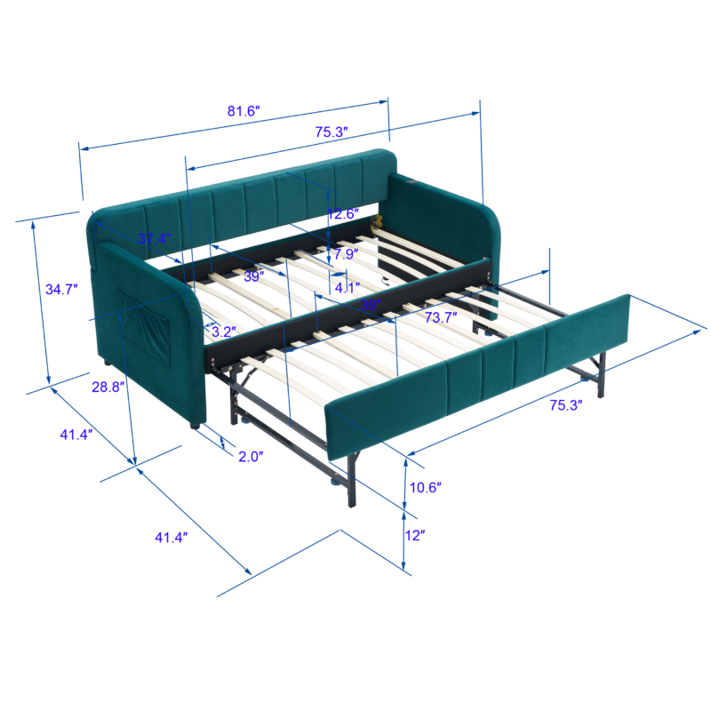 Twin Upholstered Daybed Frame with Trundle, Twin Size Sofa Bed for Bedroom Living Room Guest Room, Wood Slat Support - Image 7