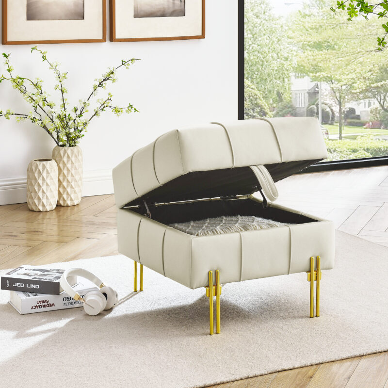 2 inches Anti-scratch Leather Storage Ottoman, Pet Friendly Entryway Bench with Golden Stainless Steel Legs - Image 15