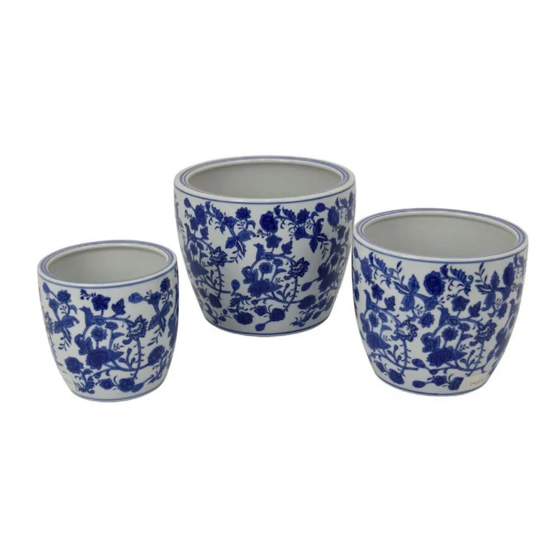 Garden Planter Set of 3, Classical Ceramic Blue White Floral Pattern - Image 3