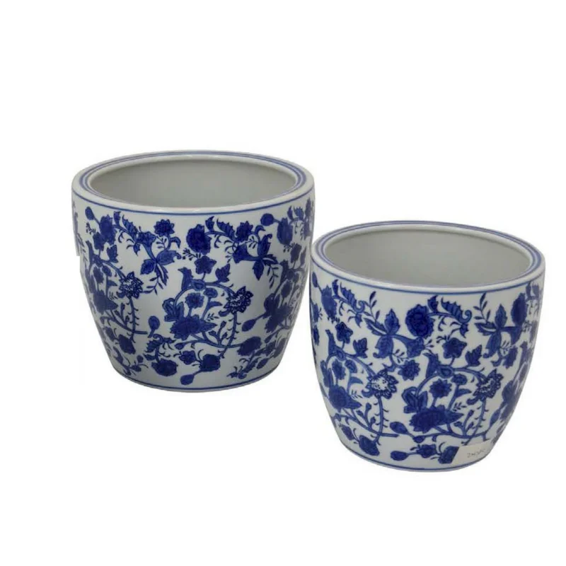Garden Planter Set of 3, Classical Ceramic Blue White Floral Pattern - Image 4