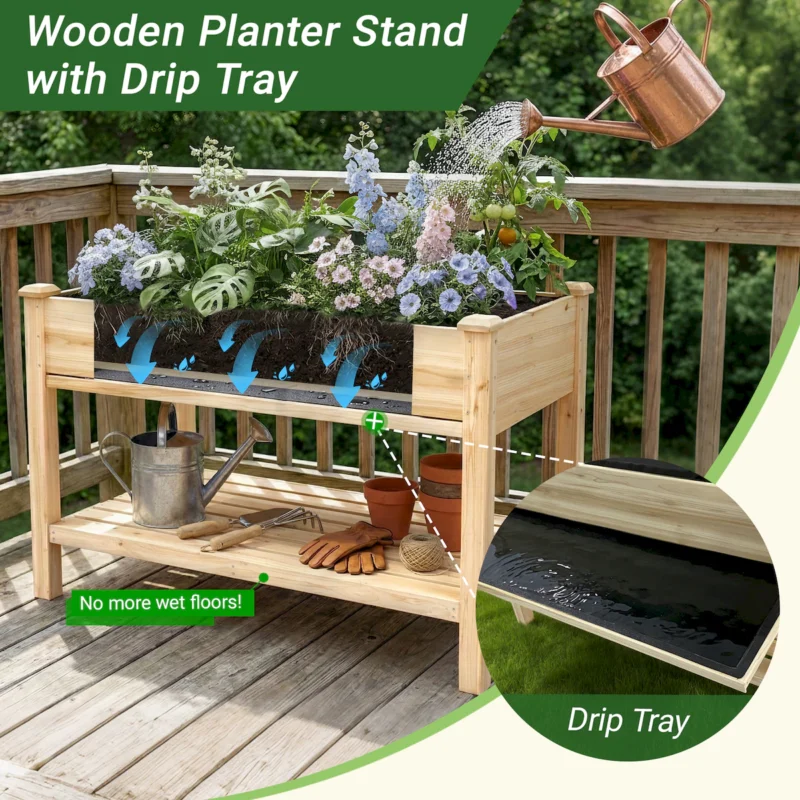 Raised Garden Bed 48x23x31.1-inch Elevated Wood Planter with Water Collection Tray, Storage Shelf, Protective Liner - Image 11