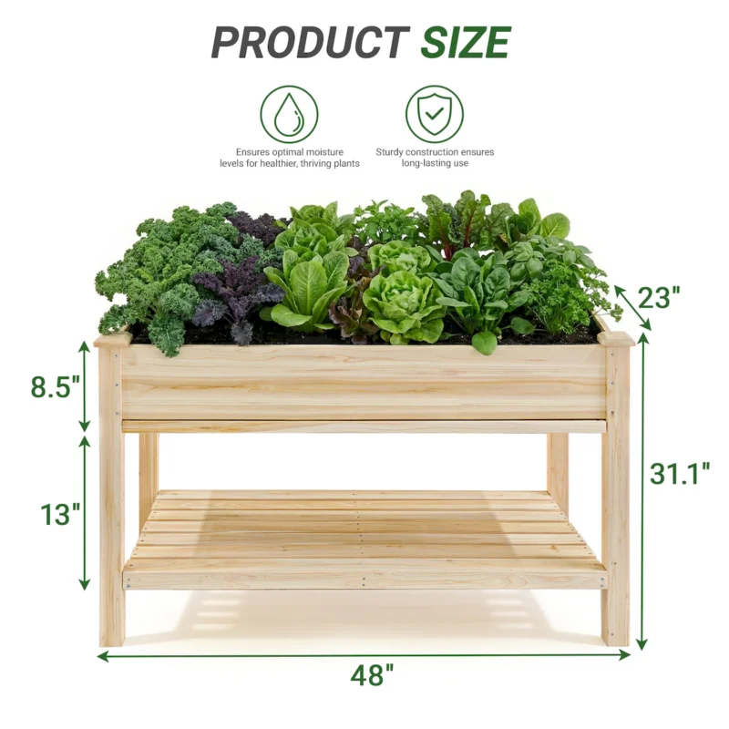 Raised Garden Bed 48x23x31.1-inch Elevated Wood Planter with Water Collection Tray, Storage Shelf, Protective Liner - Image 12