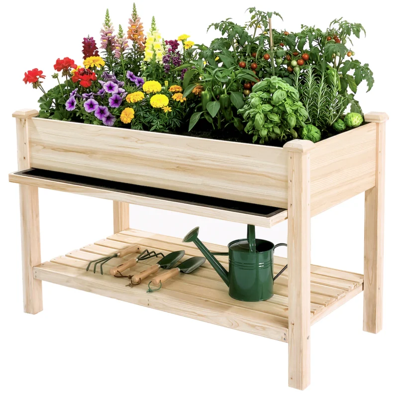 Raised Garden Bed 48x23x31.1-inch Elevated Wood Planter with Water Collection Tray, Storage Shelf, Protective Liner - Image 3