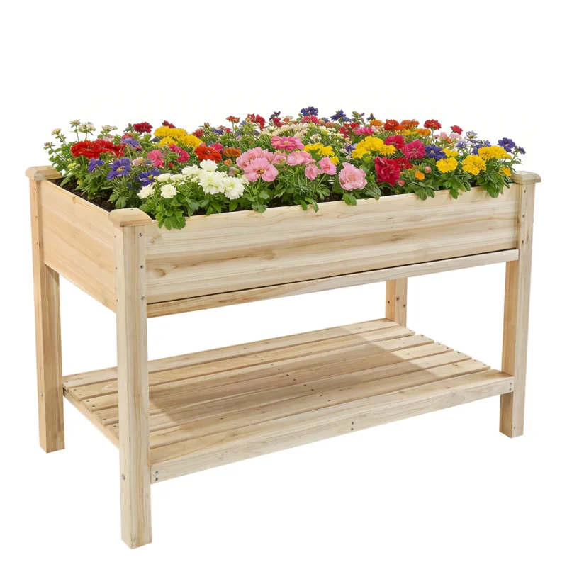 Raised Garden Bed 48x23x31.1-inch Elevated Wood Planter with Water Collection Tray, Storage Shelf, Protective Liner - Image 5