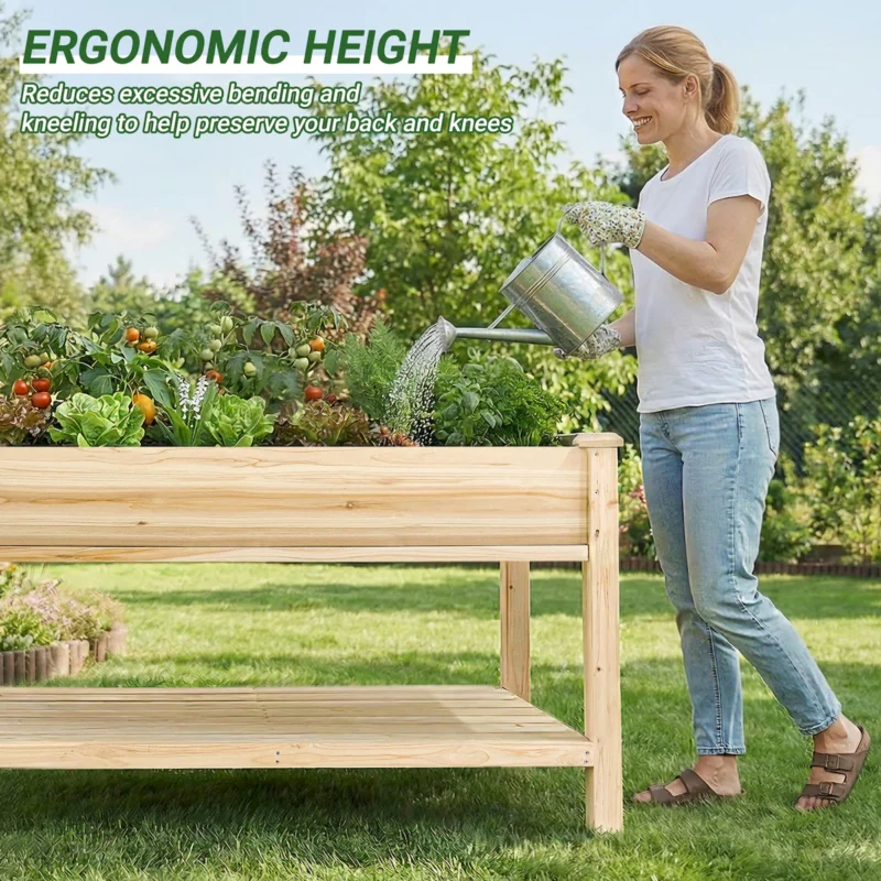 Raised Garden Bed 48x23x31.1-inch Elevated Wood Planter with Water Collection Tray, Storage Shelf, Protective Liner - Image 8
