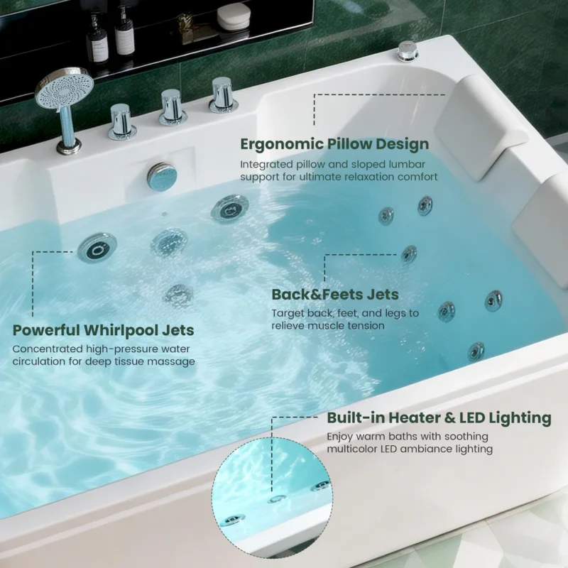 KORRA 61 Inch Acrylic Whirlpool Massage Bathtub for 2 Person 16 Water Jets LED Lights Heater for Jacuzzi Spa Massage  - Image 8