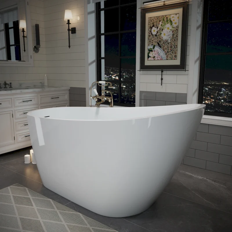 55" Acrylic Freestanding Bathtub, Deep Soaking Contemporary Stand Alone Bath Tub with Pop-up Drain & Integrated Overflow, Chrome-Finish Drain Cover, Glossy White GF-26A04-55 - Image 2