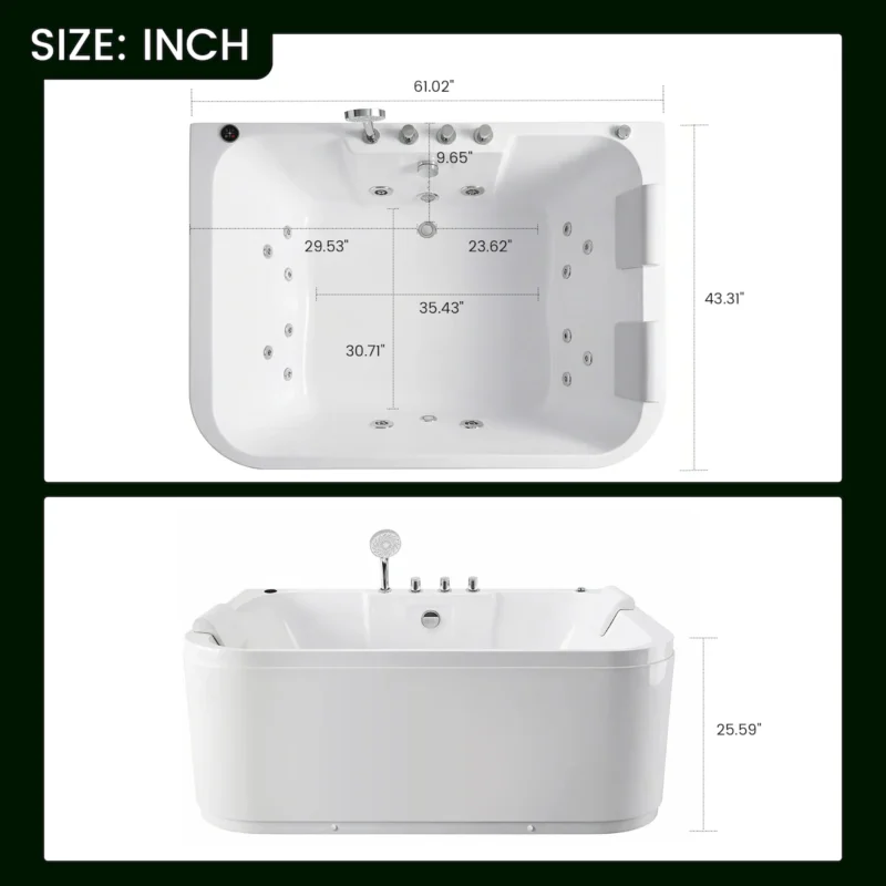 KORRA 61 Inch Acrylic Whirlpool Massage Bathtub for 2 Person 16 Water Jets LED Lights Heater for Jacuzzi Spa Massage  - Image 10