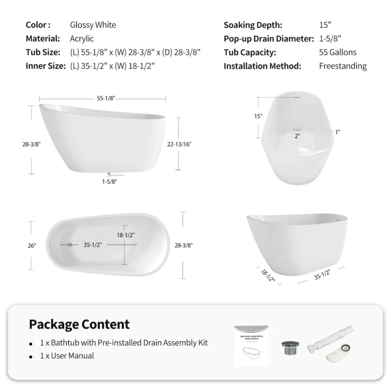 55" Acrylic Freestanding Bathtub, Deep Soaking Contemporary Stand Alone Bath Tub with Pop-up Drain & Integrated Overflow, Chrome-Finish Drain Cover, Glossy White GF-26A04-55 - Image 12
