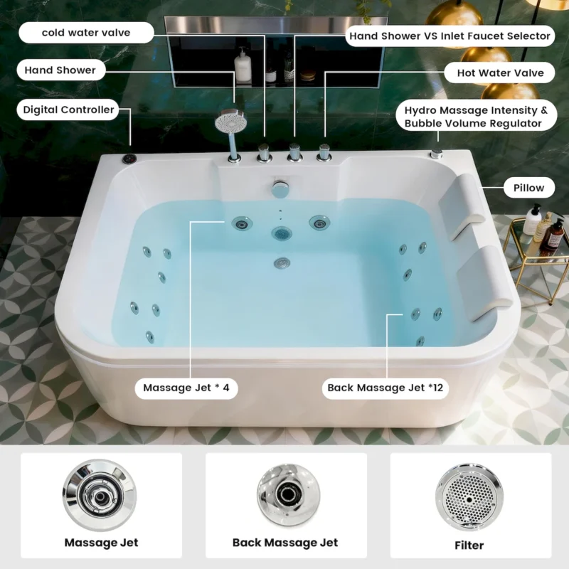 KORRA 61 Inch Acrylic Whirlpool Massage Bathtub for 2 Person 16 Water Jets LED Lights Heater for Jacuzzi Spa Massage  - Image 14