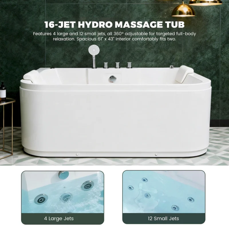 KORRA 61 Inch Acrylic Whirlpool Massage Bathtub for 2 Person 16 Water Jets LED Lights Heater for Jacuzzi Spa Massage  - Image 11