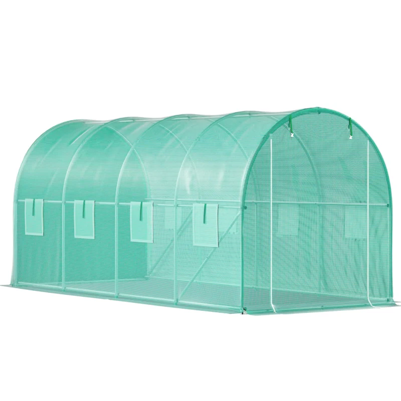 Walk-in Tunnel Greenhouse, 14.8 x 6.6 x 6.6 ft Portable Plant Hot House w/ Galvanized Steel Hoops, 1 Top Beam, Diagonal Poles, Zippered Door & 8 Roll-up Windows, Green - Image 12