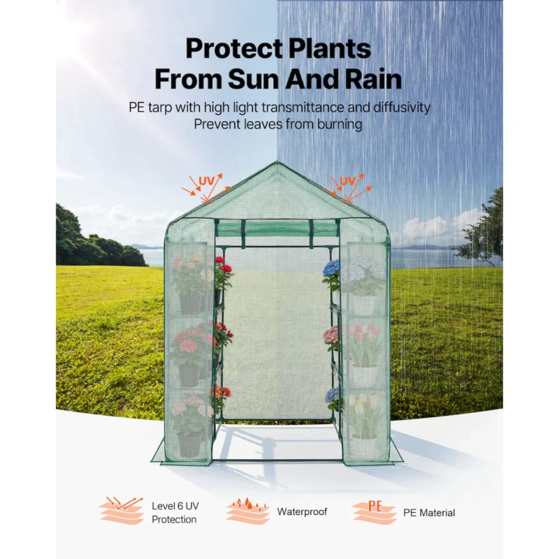 Walk-in Tunnel Greenhouse, 15 x 6.5 x 7 ft Portable Plant Hot House w/ Galvanized Steel Hoops, 1 Top Beam, Diagonal Poles, Zippered Door & 8 Roll-up Windows, White - Image 2