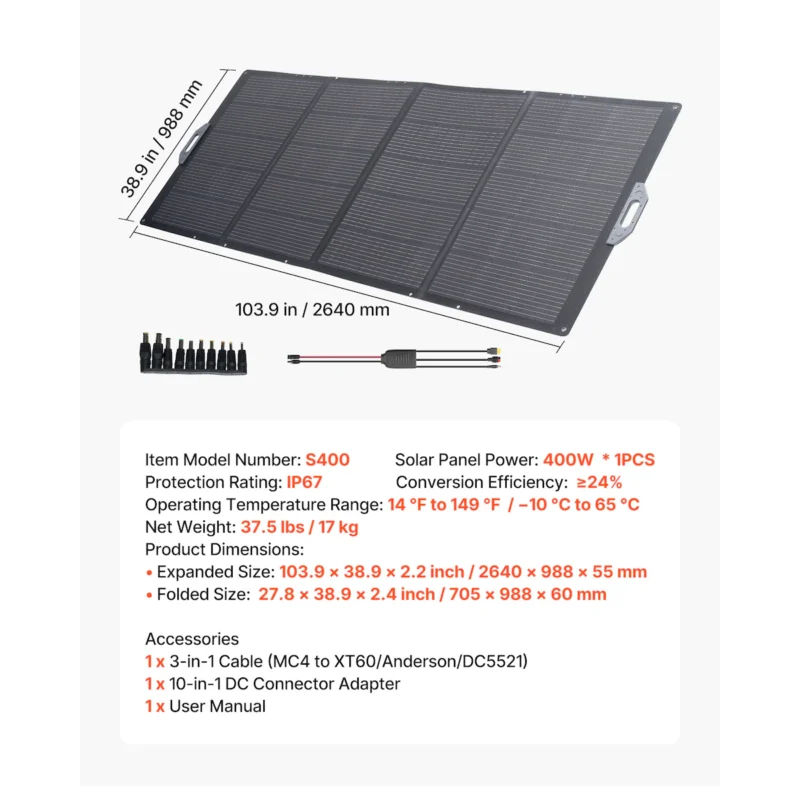 400W Foldable Solar Panel, 24% High-Efficiency Portable Monocrystalline Solar Panel Charger with MC4 Output & 10-in-1 DC Adapter, IP67 Waterproof for Power Stations, Camping, Hiking Trips - Image 10