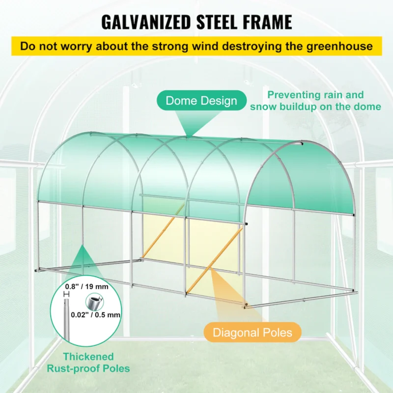 Walk-in Tunnel Greenhouse, 14.8 x 6.6 x 6.6 ft Portable Plant Hot House w/ Galvanized Steel Hoops, 1 Top Beam, Diagonal Poles, Zippered Door & 8 Roll-up Windows, Green - Image 4