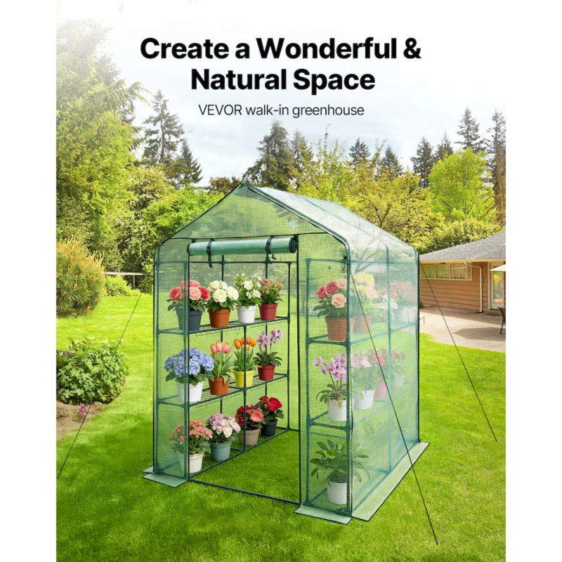 Walk-in Tunnel Greenhouse, 15 x 6.5 x 7 ft Portable Plant Hot House w/ Galvanized Steel Hoops, 1 Top Beam, Diagonal Poles, Zippered Door & 8 Roll-up Windows, White - Image 4