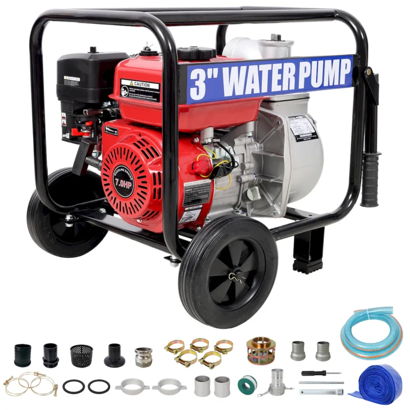 Gas Engine Powered Water Pump 3" inlet&outlet, Flow:264Gpm , 7HP Engine 212CC, EPA Certificated, 3in NPT Connector, 3in to 2in coupler 2in1, 50 ft Discharge Hose, 12 ft Suction Hose, Wheels and Handle  - Image 8