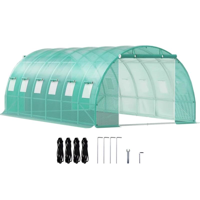 Walk-in Tunnel Greenhouse, 20 x 10 x 7 ft Portable Plant Hot House w/ Galvanized Steel Hoops, 3 Top Beams, Diagonal Poles, 2 Zippered Doors & 12 Roll-up Windows, Green - Image 2